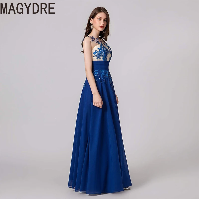 Вечерние платья Длинные трапециевидные аппликации Robe De Soiree o-образным вырезом Иллюзия без рукавов Формальные платья женское элегантное платье