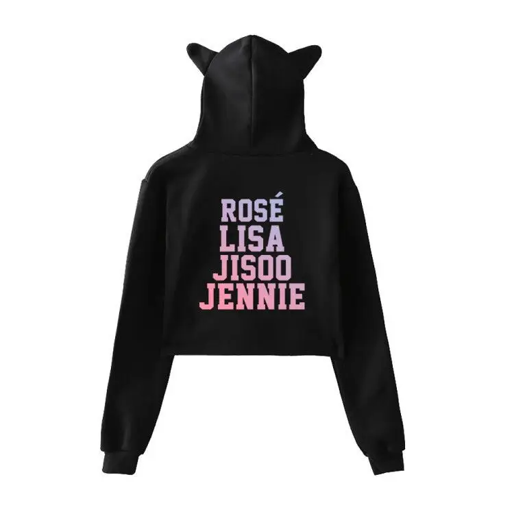 Сексуальные милые женские толстовки с длинным рукавом BlackPink Hip Одежда Harajuku для девочек короткий флисовый топ с капюшоном