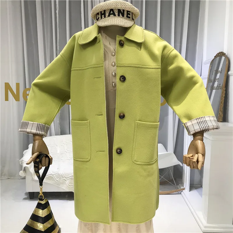 Green Abrigos Mujer Invierno Женское шерстяное пальто с карманами, длинное одноцветное однобортное пальто с широкой талией и отложным воротником