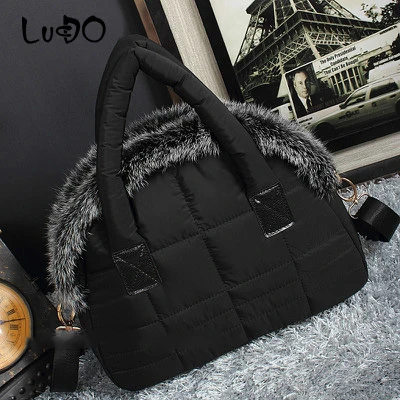LUCDO Brand Luxury Handbag New Winter Woman Warm Space Cotton Shell Bags Designer Rabbit Fur Bag Ladies Jacket Shoulder Bag - Цвет: black