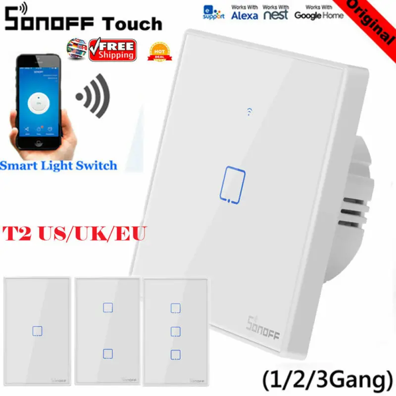 Интеллектуальный выключатель света Sonoff T2 1/2/3 интеллектуальная беспроводная(Wi-Fi) 2,4 ГГц Беспроводная панель Сенсорный настенный выключатель дистанционного Ctrl дома США ЕС штепсельная вилка британского стандарта