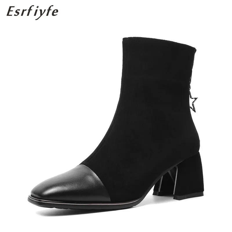 

ESRFIYFE 2020 New Autumn Women Boots Square Toe Solid Genuine Leather Ladies Shoes Martin Boots Elegant High Heels Ankle Boots