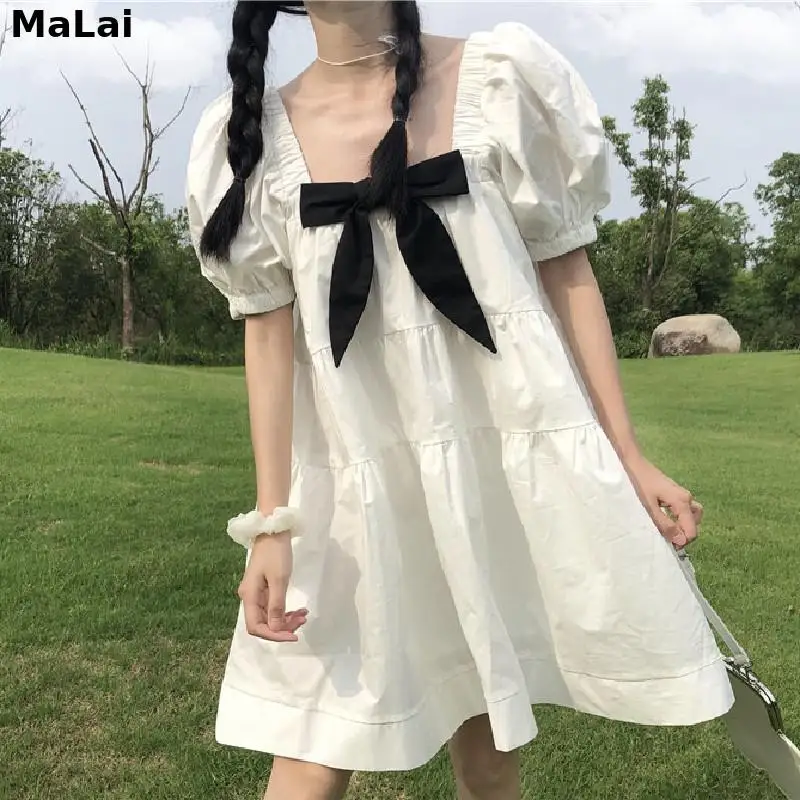 

Casual Beach Women Vintage Bowknot Preppy Style Dress Robe Femme Dresses Mori Girl Square Collar Summer Cotton Dresses Vestidos