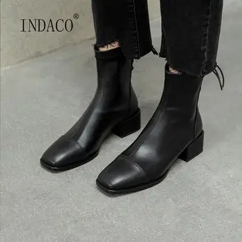 

Women Boots Winter Square Toe Black Boots Women Lace Up Leather Patchwork Boots Bota Feminina