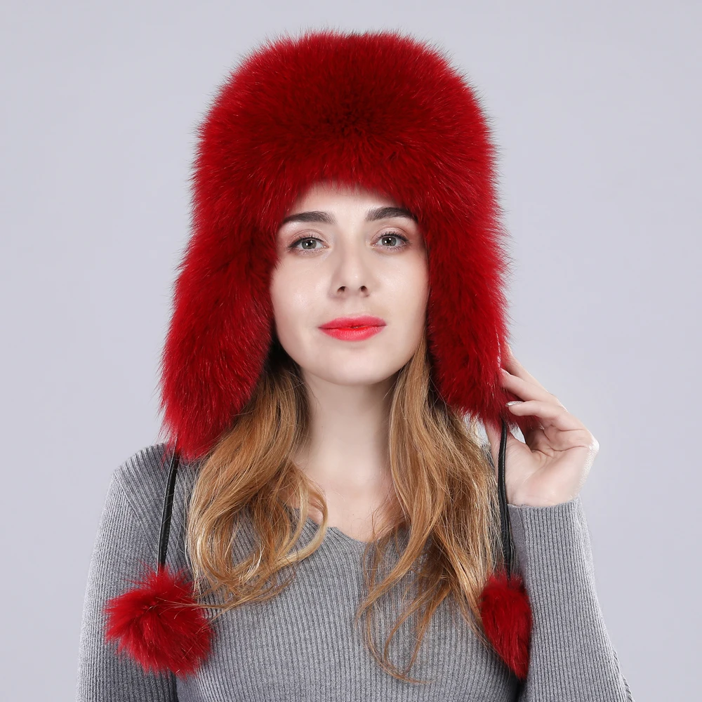 Women real fox fur hat genuine sheepskin leather caps winter warm Ears Fashion Bomber Cap belt new arrival