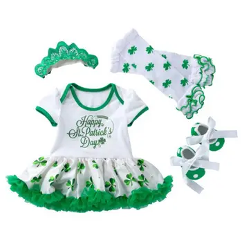 

new fashion lucky baby girls St.Patrick's Day 4pcs/set cotton satin tutu romper legwarmer shoes headband outfit