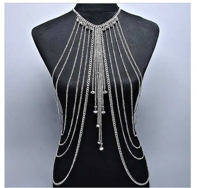 white gold color WKOUD EAM Overstate из металла в стиле панк с кисточками, цепочка для груди, женские очаровательные украшения для тела, новинка, Женские аксессуары, вечерние, подарок ZJ510 - Окраска металла: white gold color