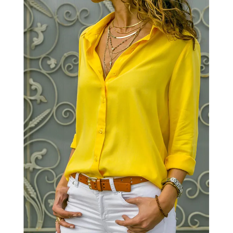 Женские топы Blouses2020 Осенняя элегантная однотонная шифоновая блузка с длинным