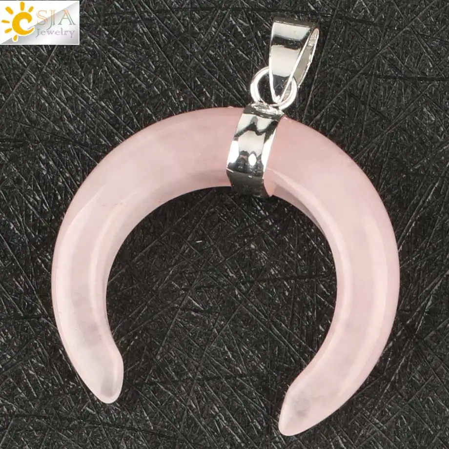 Rose Quartz Csja натуральный хрустальный каменный кулон серебряного цвета ожерелья полумесяц двойная Подвески в виде рога для женщин и мужчин целебные ювелирные изделия G159 - Окраска металла: Rose Quartz