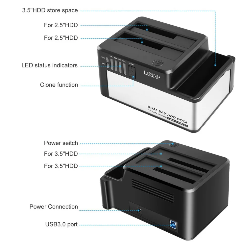 Двойной отсек HDD док-станция USB 3,0 для SATA HDD SSD док-станция с клоном для 2,"& 3,5" SATA HDD& SSD чехол для жесткого диска
