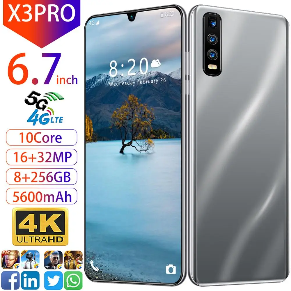 2020 New X3 Pro 5G Android 10.0 Mobile Phone 6.7 Inches Water Drop Screen 8GB 256GB Smart Phone 16MP 32MP 5600mAh Cellphone