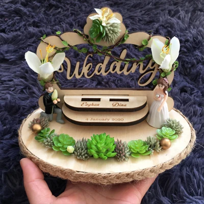 On sale custom name Anniversary Engagement rings bearer pillow wood wedding flower rustic ring box - Цвет: CC