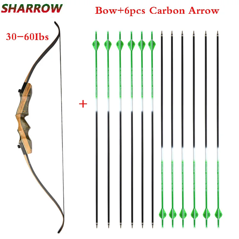 

30-60Ibs Archery Recurve Bow 62 Inches With 6 pcs Carbon Arrow For Hunting Shooting Practice Accessories