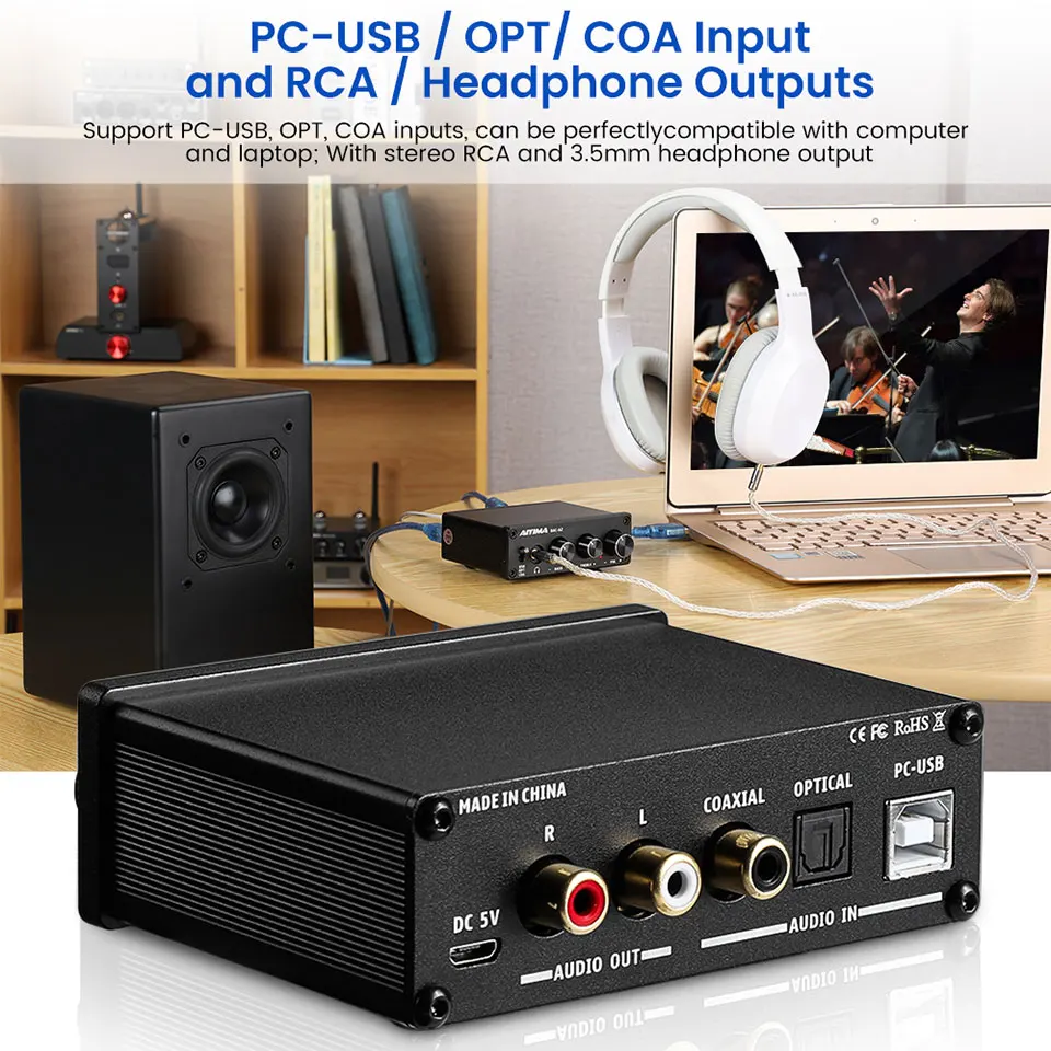 Fone de Ouvido Conversor para Desktop Aiyima Áudio Mini Estéreo Usb Gaming Dac Decodificador Amplificador Adaptador Alimentado Ativo Alto-falante a2 - Image 5