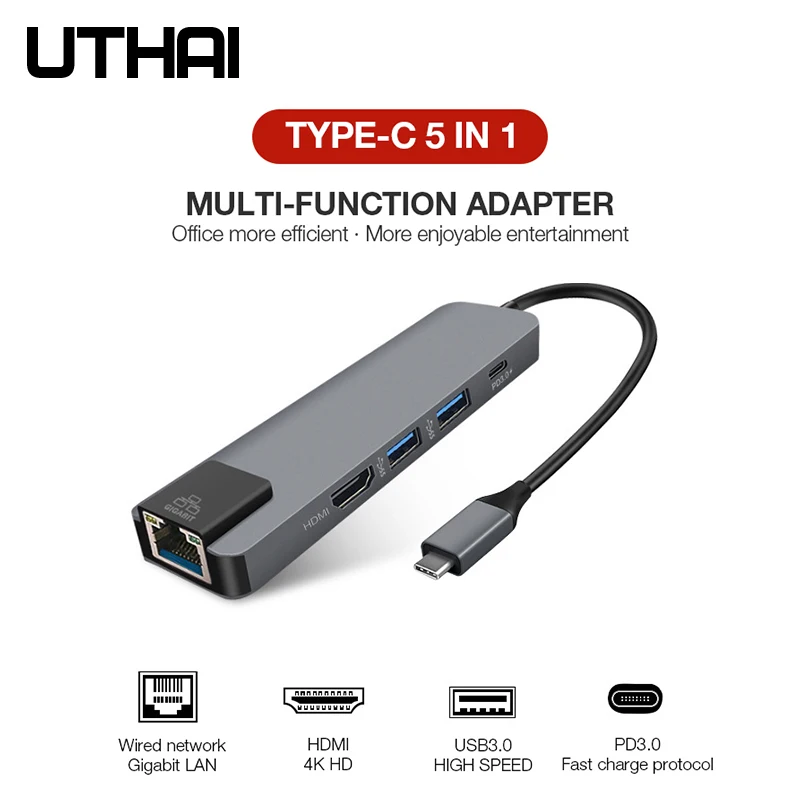 UTHAI J14 5в1 type-C адаптер HDMI 4K гигабитный сетевой конвертер для Macbook Pro Air PD Быстрая зарядка TF SD мультикардридер