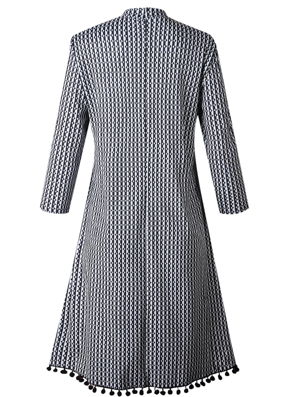 Women Dress Black White Print Mini with Bowtie Fringe Decoration Loose Office Modest Ladies Classy Casual Summer Fashion Tunics