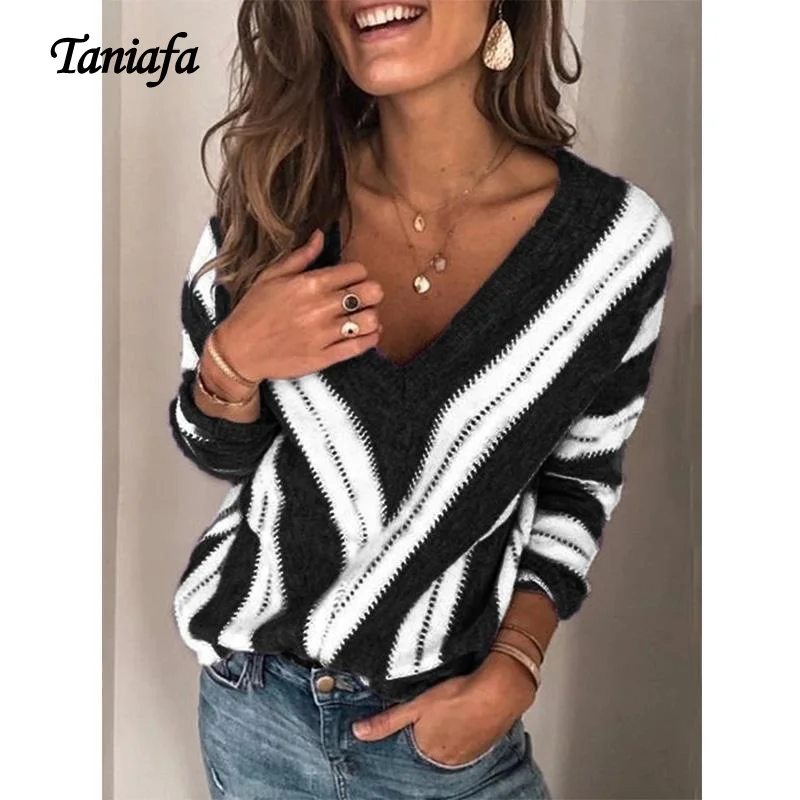Taniafa размера плюс S~ 5XL Модные женские V образным вырезом с длинным рукавом пуловер свитер зимний, теплый, полосатый вязаный Топ джемпер Трикотаж
