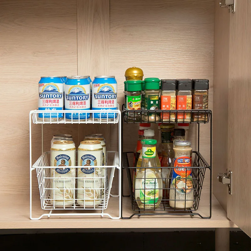 

Double Layer Kitchen Storage Shelf Pull-out Drawer Spice Jars Organizer Dish Drying Stand Bathroom Shelves Shower Storage Basket