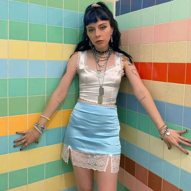 

Summer Solid Skirt Women A-Line Y2K Skirts Harajuku Lace Patchwork Casual High Waist Party Streetwear Bodycon E-girl Mini Skirts