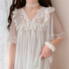 

Camisola Estilo Princesa, Camisola De Estilo coreano, De Renda vintage, Vestido Branco Com babados,laço, macia, Roupa De Dormir