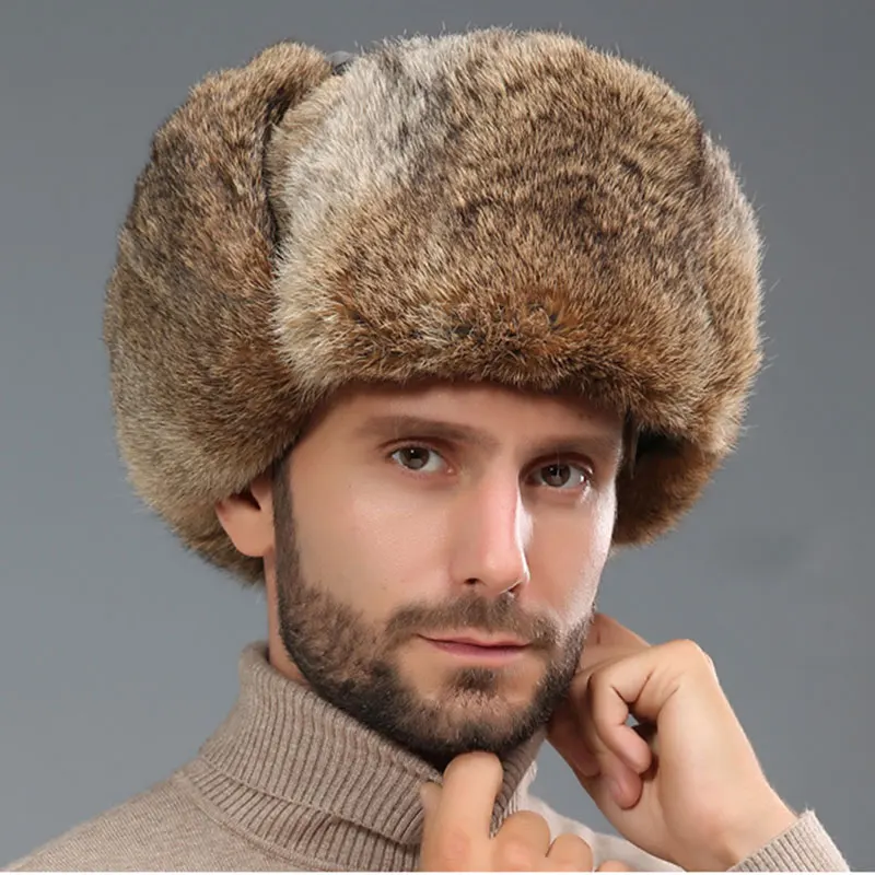 Мужская меховая шапка ушанка теплая из натурального меха кролика для русской