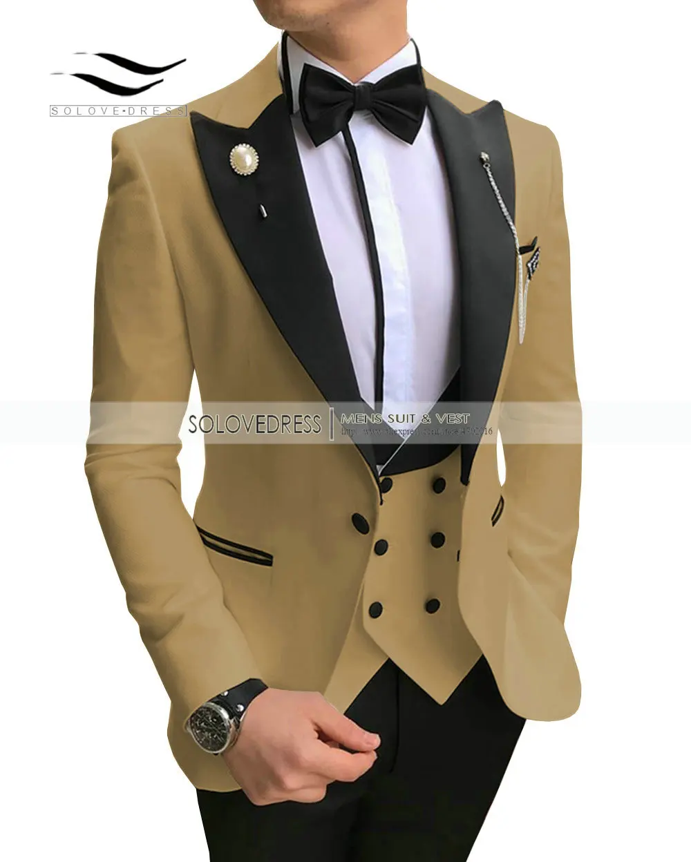 Khaki Solovedress 3 шт. мужской деловой костюм одежда Slim Fit смокинг жених двубортный жилет куртка Tux брюки пик лацкане Мода M21 - Цвет: Khaki