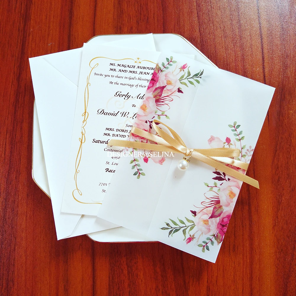 50x Elegant Spring Flower Print Vellum Wedding Invitation with Rhinestone  and Ribbon DIY Tracing Gift Card for Quinceanera Party|Cards & Invitations|  - AliExpress