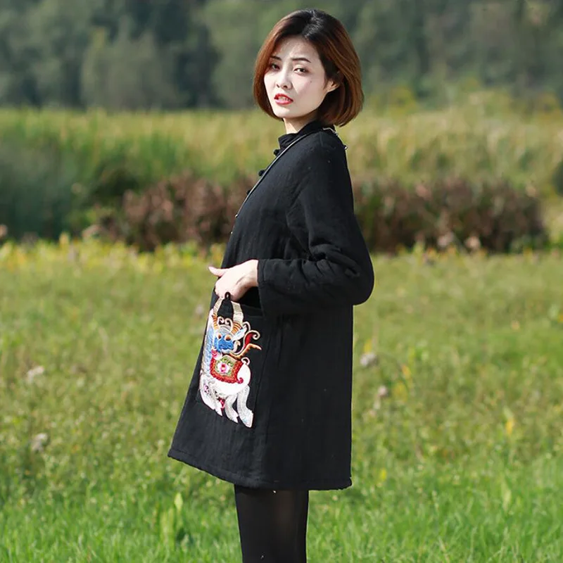 

Zhi pai Ethnic-Style WOMEN'S Dress Cotton Linen Origional Vintage Tops Xie Jin Embroidered Cotton-padded Clothes New Style Thick