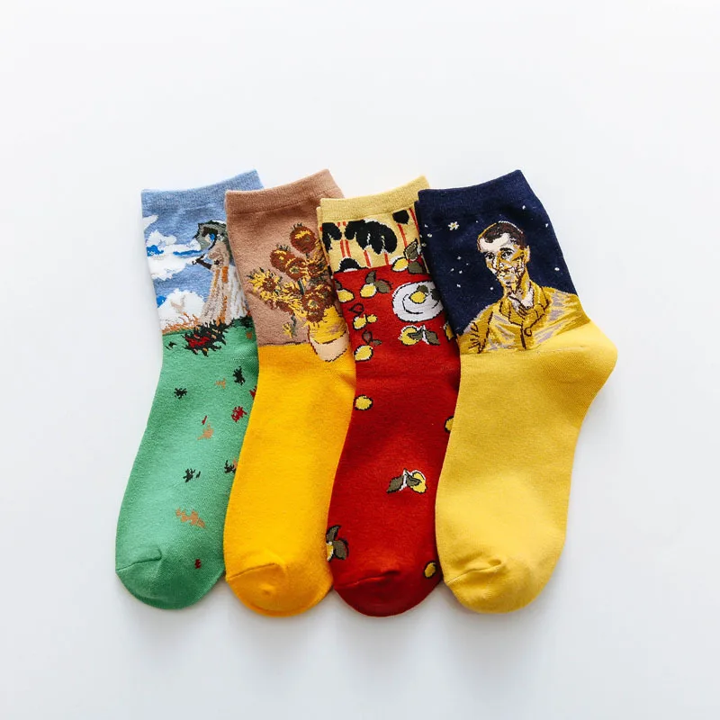 

Creative Retro Oil Painting Socks Unisex Van Gogh Sunflower Tube Cotton Funny Adult Socks European American Street Hip Hop Art