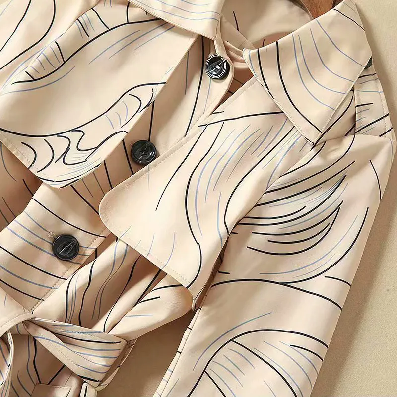 drawing lines print trench coats and raincoats turn-down collar single-breasted buttons long sleeve ladies long coats winters