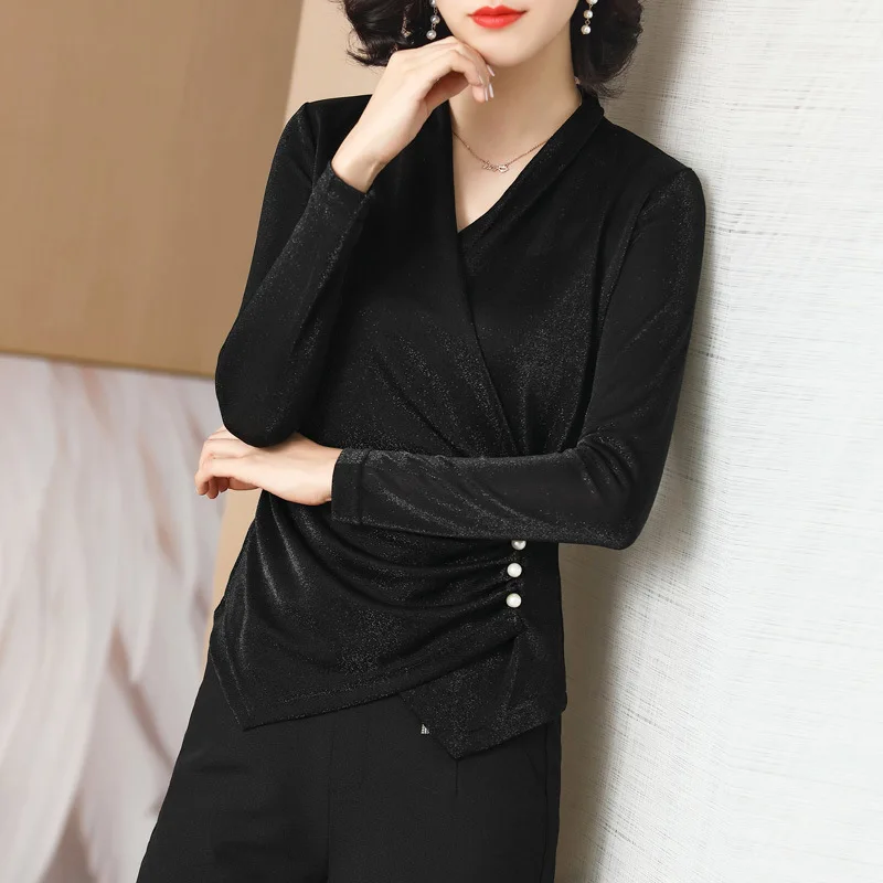 Top Women's Autumn New Elegant Fashion V-neck Long-sleeved Beaded Slim Bottoming Black T-shirt Female S-XL