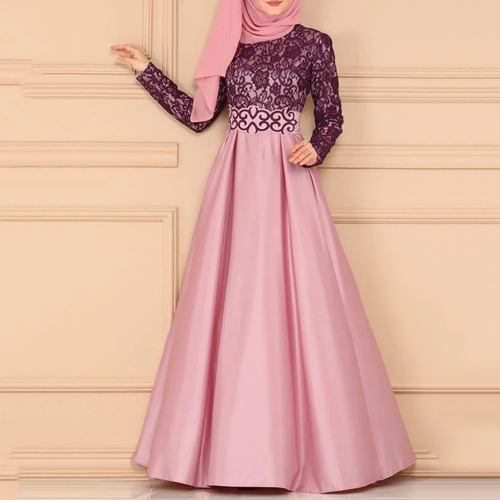 

Women Autumn Vintage Long Sleeves Muslim Lace Patchwork Long Dress Fall Female Fashion Full Elegant Length Dress Party Frocks