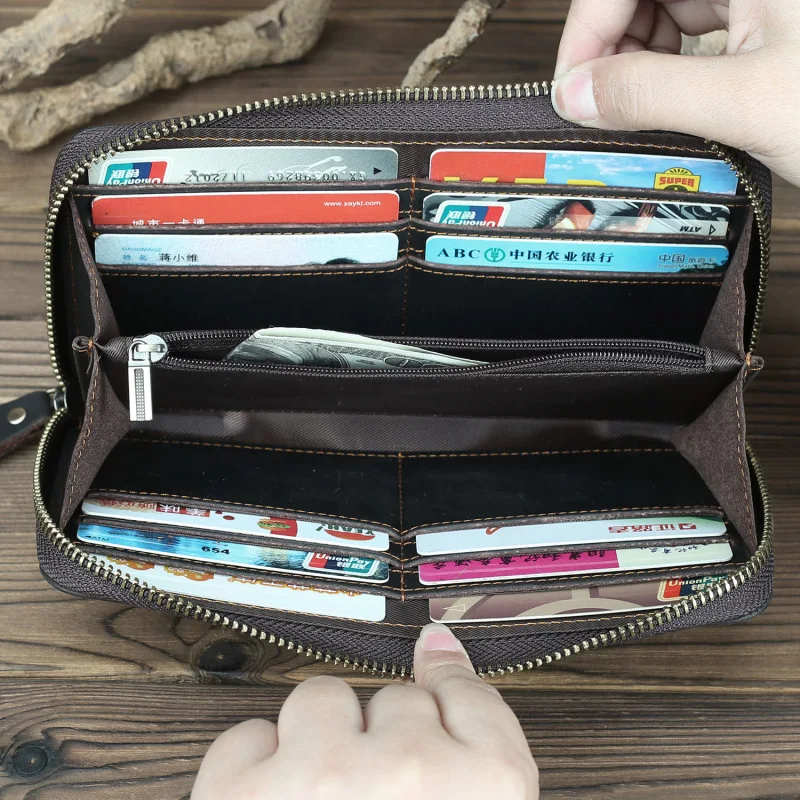 GO-LUCK Brand Crazy Horse Genuine Leather Cell Phone Pouch Case Men Zipper Daily Clutch Wallet Men's Cowhide Cardholder Purse