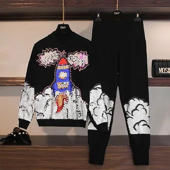 

CBAFU luxury beading pearls sequins knitted 2 piece set women sweatr pullovers long pants suit spring autumn knit sets F331