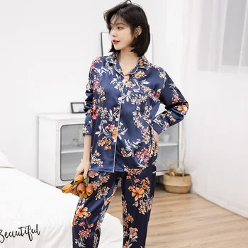 

Spring New Silk Women Pajamas Long Tops+Long Pants Two Pieces Set Womens Sleepwear Plus Size Leisure Soft Female Homewear