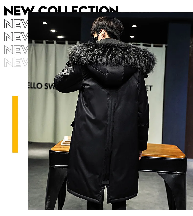 Зимний пуховик, мужская куртка средней длины, Мужская Толстая длинная теплая куртка в Корейском стиле с капюшоном и большим меховым воротником