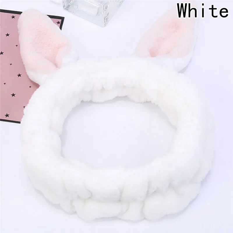 White 1 шт. в Корейском стиле Очаровательная розовая повязка для волос фланелевая Милая повязка на голову для макияжа для девочек утолщенные эластичные повязки на голову с заячьими ушками - Color: White