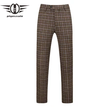 Новые официальные свадебные мужские брюки высокого качества, брендовые деловые повседневные брюки, мужские кофейно-серые клетчатые брюки 29-41 P36