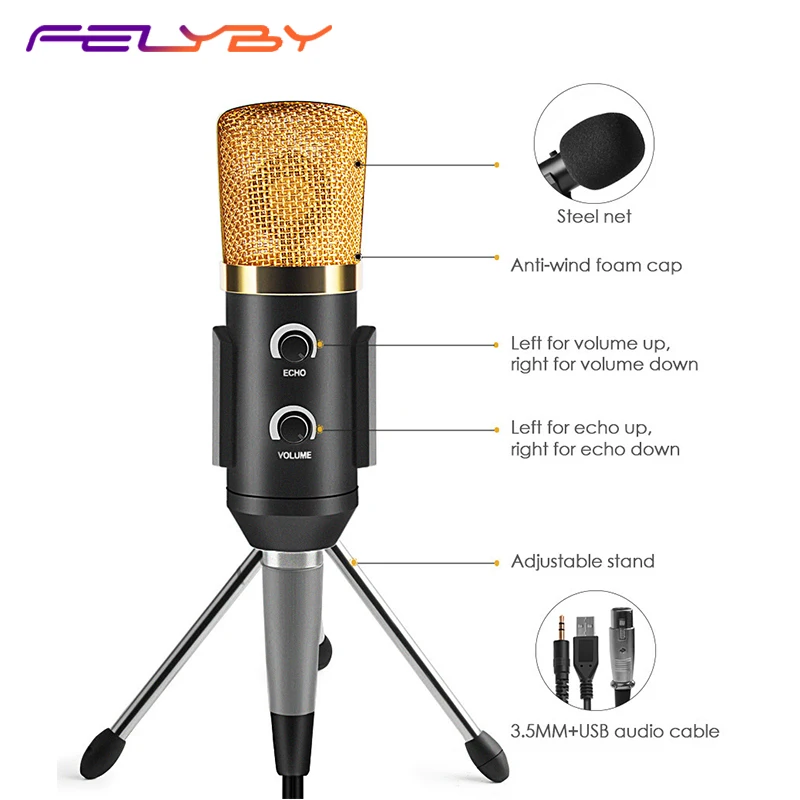 FELYBY M-003 USB и 3,5 мм Интерфейс конденсаторный микрофон для компьютерной конференции, караоке компьютер live игра микрофон