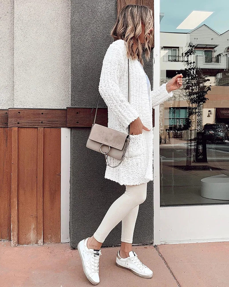 Fitshinling Boho праздник зимний длинный кардиган Женская мода тонкие карманы белые вязаные куртки женские кардиганы Верхняя одежда