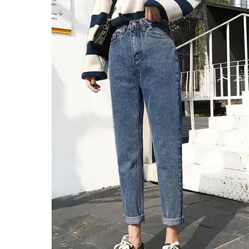 

2019 Women Vintage High Waist Pockets Denim Loose Jeans Retro Jeans Straight Trousers Plus Size Pants