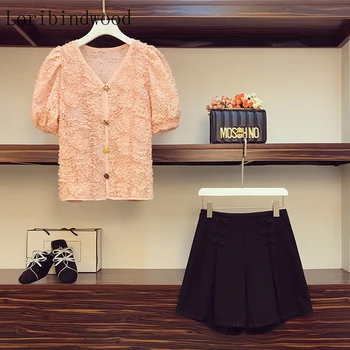 

New Arrive Summer Appliques Petals Floral Puff Sleeve Shirt Top+Beading Wide Leg Shorts Set Women V-neck Pink Loose 2 Piece Set