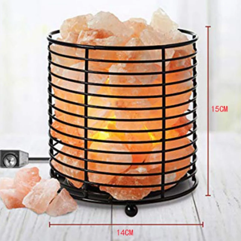 Natural Himalayan Salt Wire Mesh Basket Cylinder Lamp With Cord, Light Bulb And Authentic Allies Info Card-Eu Plug
