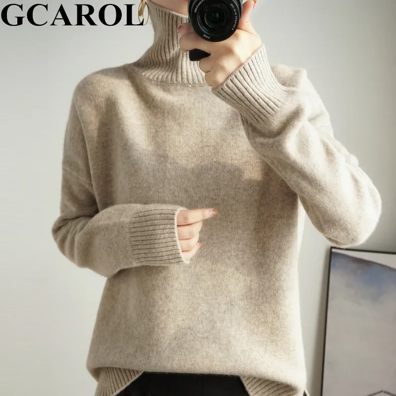 GCAROL, Женский кашемировый свитер с высоким воротом, 30% шерсть, толстый, минималистичный, OL, Джерси, теплый, Повседневный, негабаритный, вязаный джемпер, пуловер