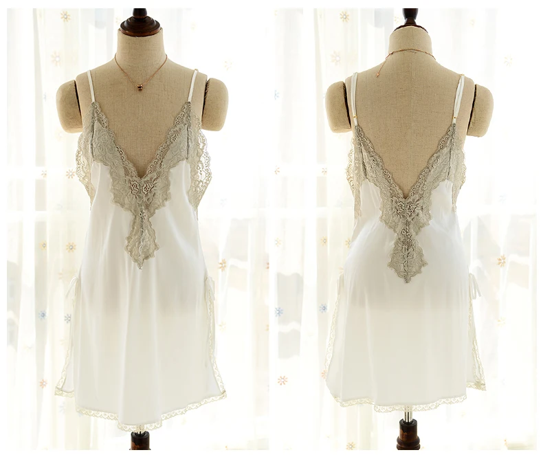 CINOON Sexy Nightdress For Women V-neck Sleeveless Pajamas Lace Silk Nightwear Strappy Sleepwear Comfortable Nightskirt Suit (11)