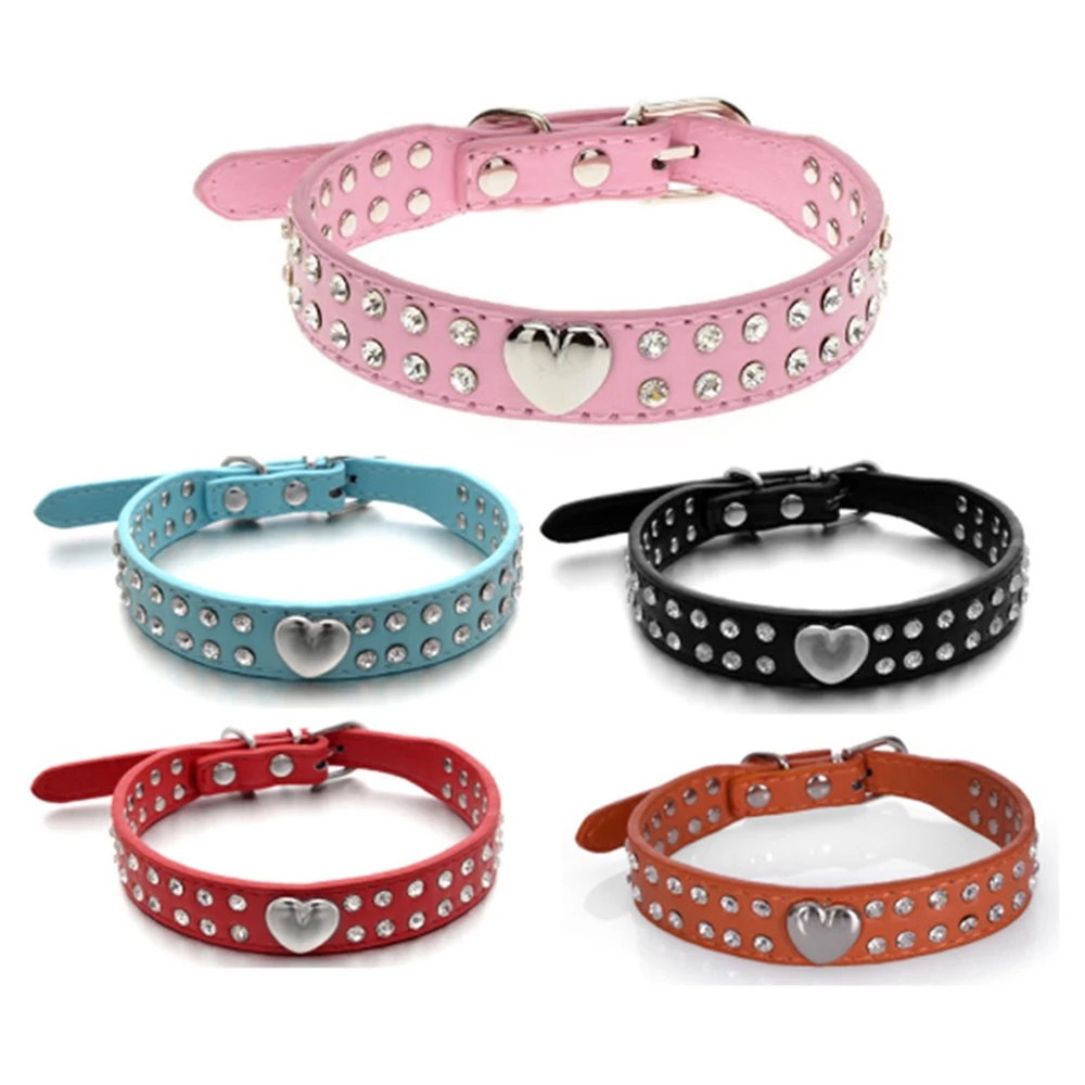 

Soft Rhinestones Dog Collar PU Leather Padded Crystal Metal Heart Dog Pet Collars for Small Medium Dog Pet Chihuahua