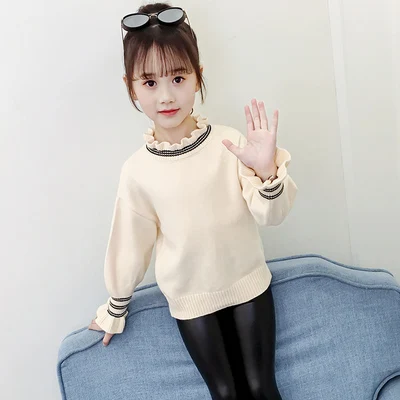 Girls Fashion Lantern Sleeve Knitted Sweaters New Foreign Trade Children's Ruffles Collar Pullovers Kids Cute Knitwear P278 - Цвет: beige thin