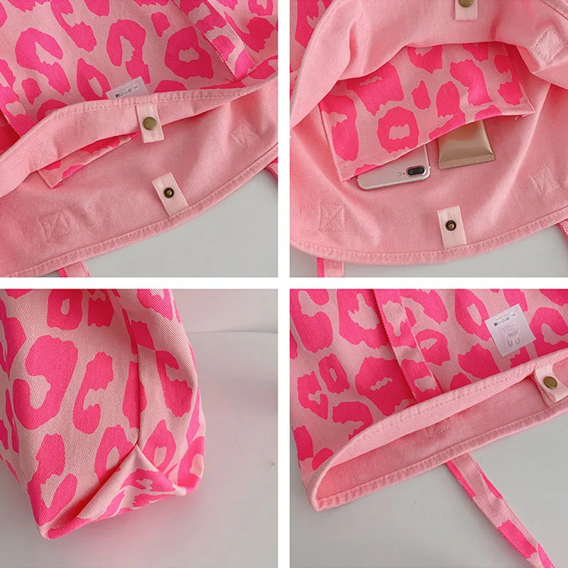 Hylhexyr Pink Leopard Shoulder Bag Women's Large Capacity Casual Totes Ladies Cute Canvas Bags Bucket Handbag