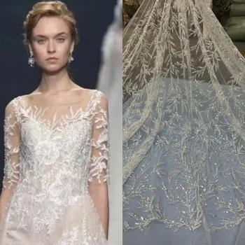 

1 Yard 130 CM Beaded Leaf Pattern Off white Elegant Sequins Lace Fabric for Fashion wedding dress