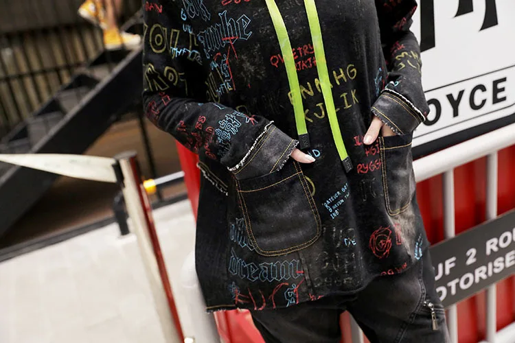 Vefadisa, Осенний пуловер с надписью, джинсовое пальто, длинный рукав, с капюшоном, уличная одежда, Женское пальто, свободное, с завязками, необычное пальто QYF607